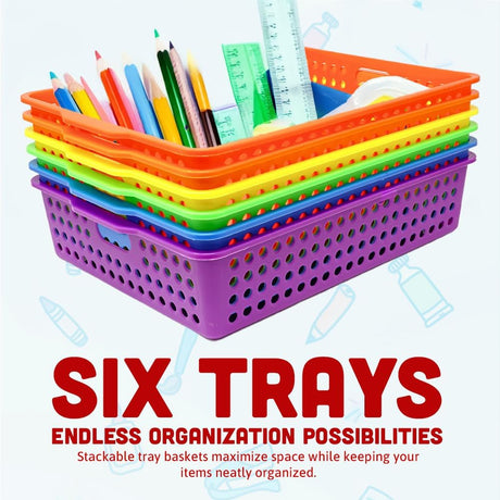 4E's Novelty Colorful Plastic Classroom Storage Bins - 13.75" x 10.25" for Organizing Papers, Pencils, Arts & Crafts, Rainbow Containers