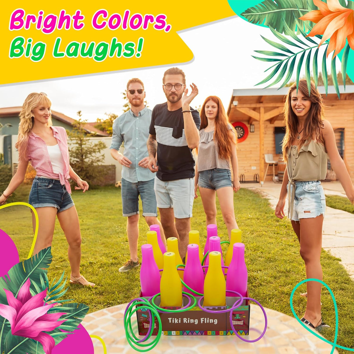 4E's Novelty Tiki Bottle Ring Toss Game Set 12 Colorful Bottles – Fun Luau Party Games for All Ages