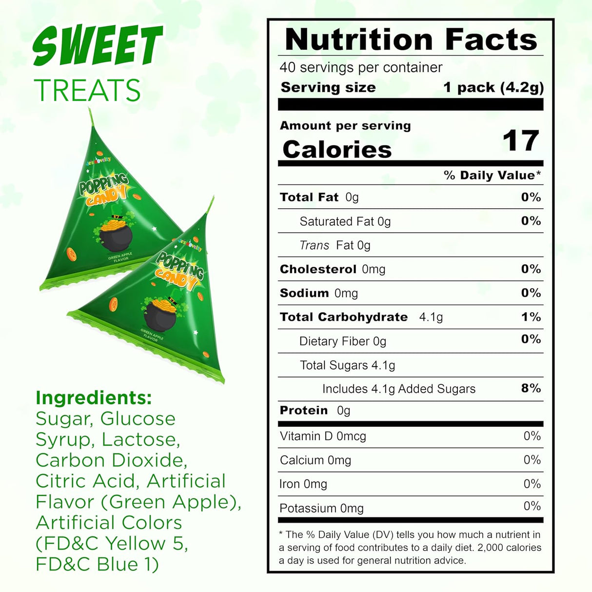 4E's Novelty 40 Pack St. Patrick's Day Popping Candy - Green Apple Flavor