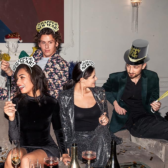 4E's Novelty New Year’s Eve Party Supplies 2025 Kit for 10 – 5 Black Top Hats, 5 Glitter Tiaras, 5 Party Horns & 5 Fringe Noise Makers – Gold & Silver NYE Accessories for Countdown Party & Photo Props