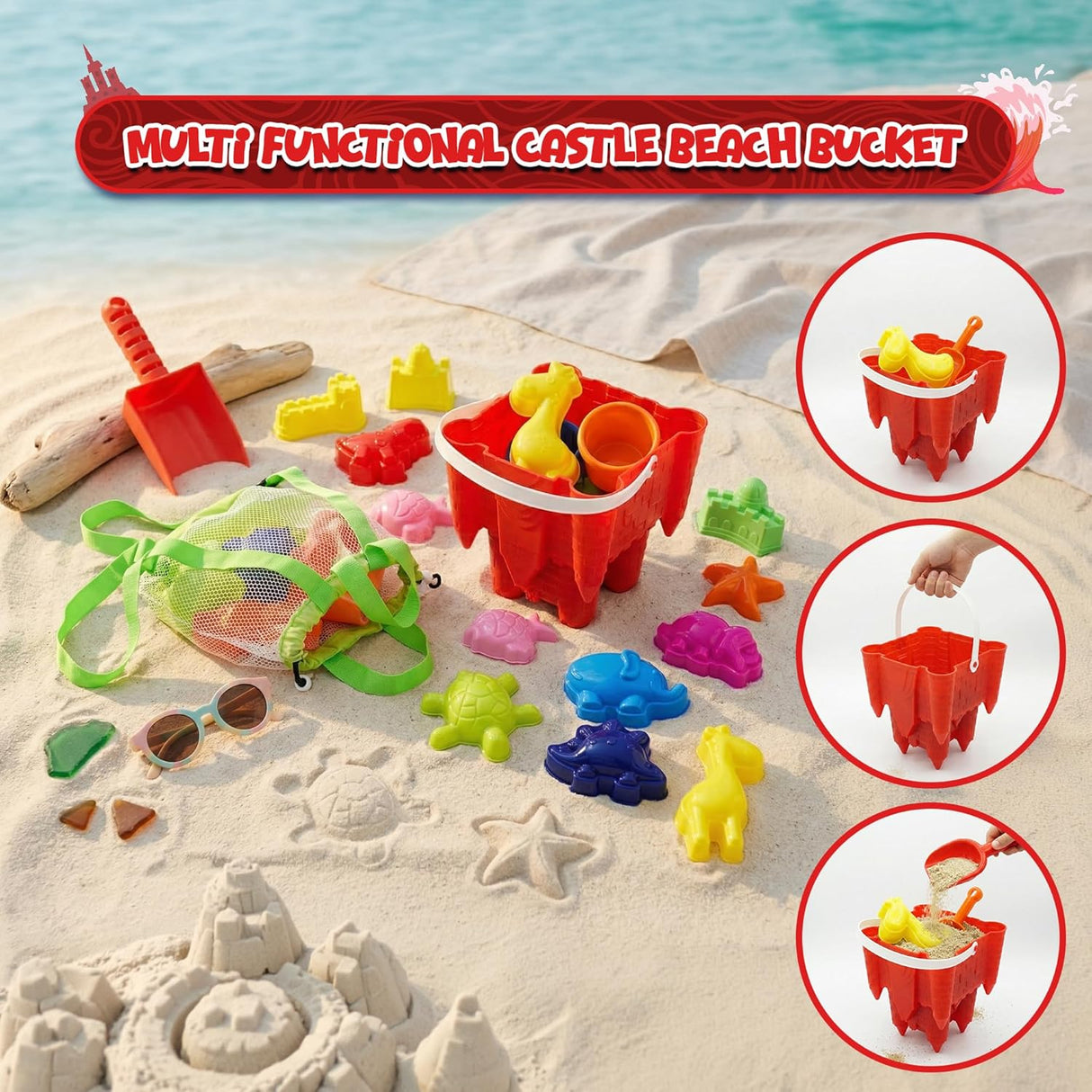 4E's Novelty 13 Beach Sand Toys for Kids – Sand Castle Bucket with Shovel & Large Molds, Includes Mesh Beach Bag for Toddlers, Perfect for Kids 3-10