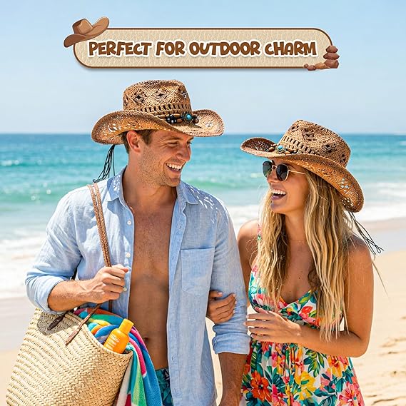 4E's Novelty Brown Straw Cowgirl Hat for Women Raffia Straw