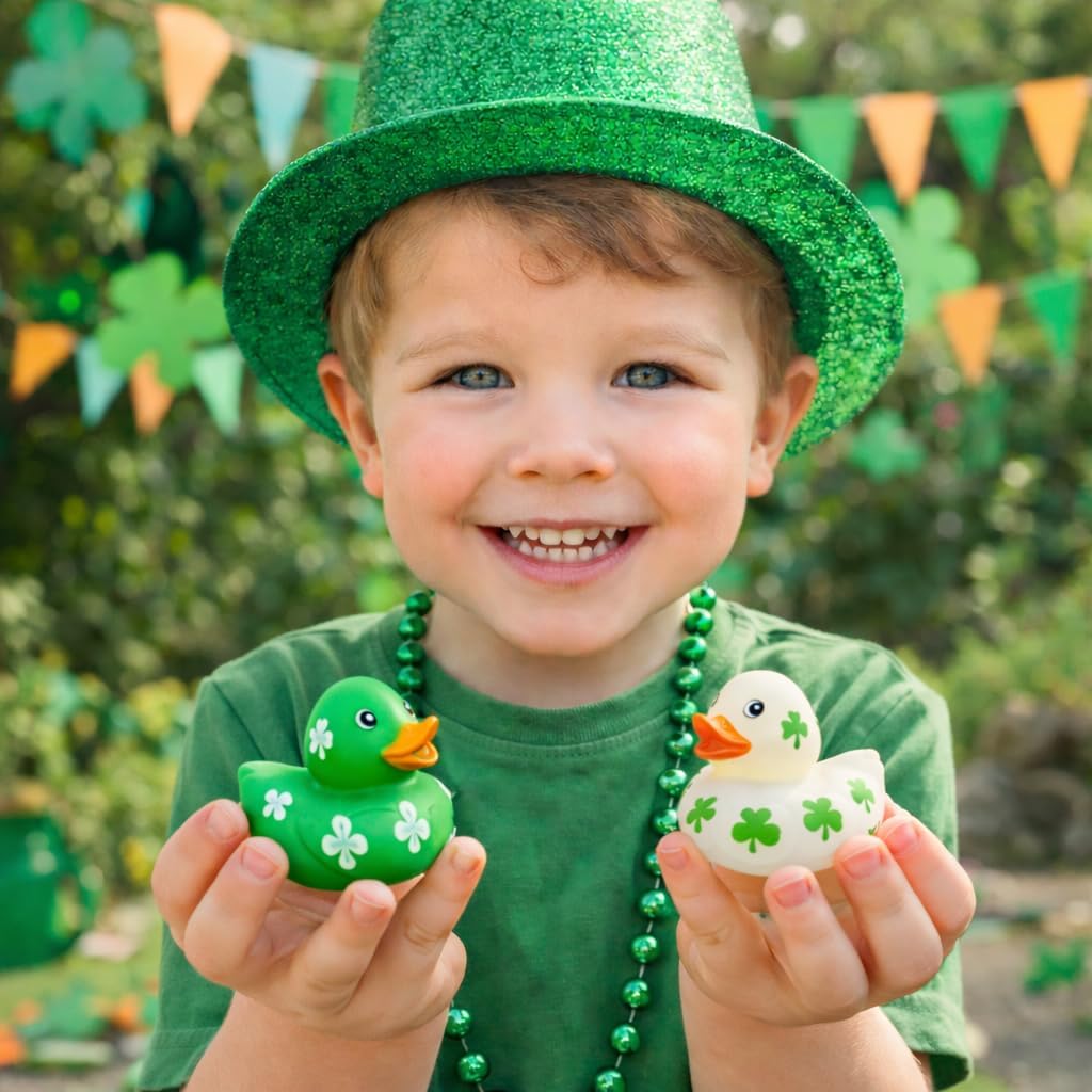 4E's Novelty 24 Pcs St. Patrick's Day Rubber Ducks – Shamrock Duckies Bulk Party Favors for Kids