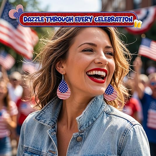 4E's Novelty 4th of July Earrings for Women , Red White Blue Faux Leather Dangle