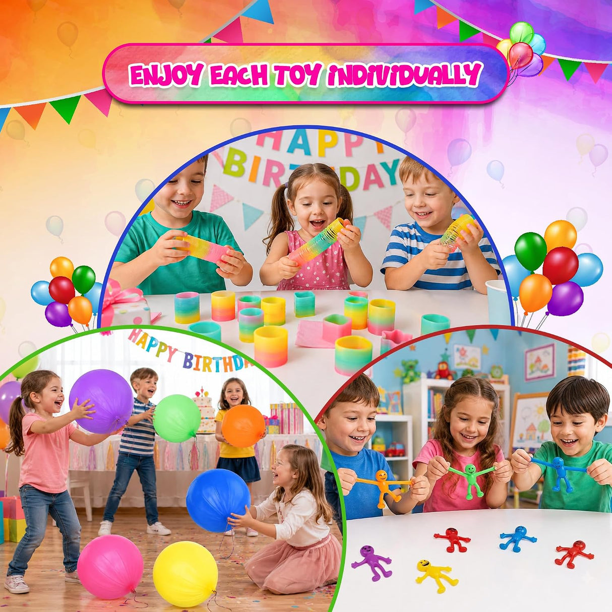 4E’s Novelty 108 Pcs Party Favors for Kids 8-12 – Punch Balloons, Coil Springs, Stretchy Men, Bulk Set
