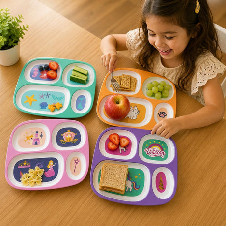 4 Kids Melamine Plates - Divided, BPA Free, Fun Themes