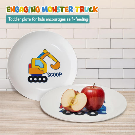 4E's Novelty 4 Melamine Kids Plate Set for Boys, Truck Theme Plate