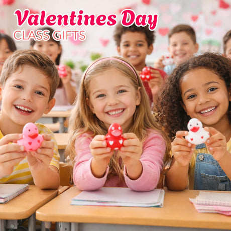 4E's Novelty 24-Pack Mini Valentines Rubber Ducks – Red Ducks with Heart Design for Party Favors