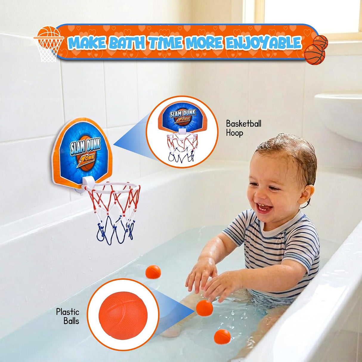 4E's Novelty 4 BallsBathtub Basketball Hoop for Kids 6" Tall Suction Cup Bath Toys