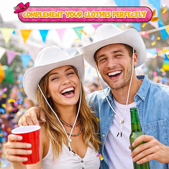 4E's Novelty White Felt Cowboy Hat with Chinstrap – Unisex Western Style for All Occasions