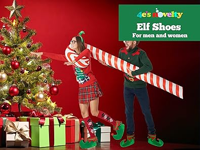 4E's Novelty Elf Shoes Adults for Men & Women - Soft Elf Costume Accessories Plush Green, Red Christmas Elf Slippers, Christmas Elf Shoes for Parties