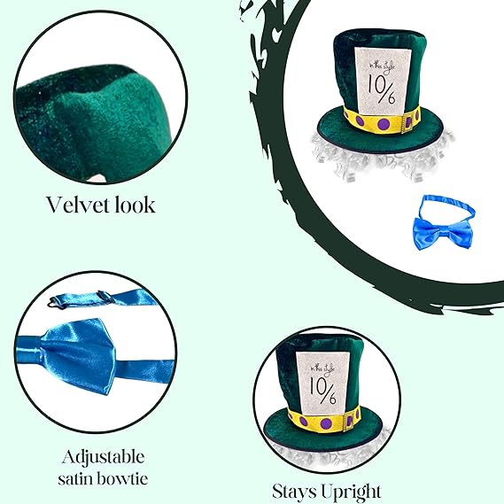 4E's Novelty Mad Hatter Costume Set – Velvet Top Hat, Wig & Bowtie