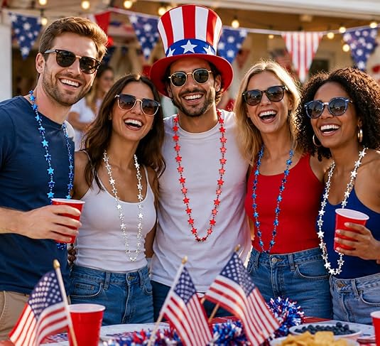 4E's Novelty 72 Pack Beaded Necklace – Red White Blue 4th of July Accessories
