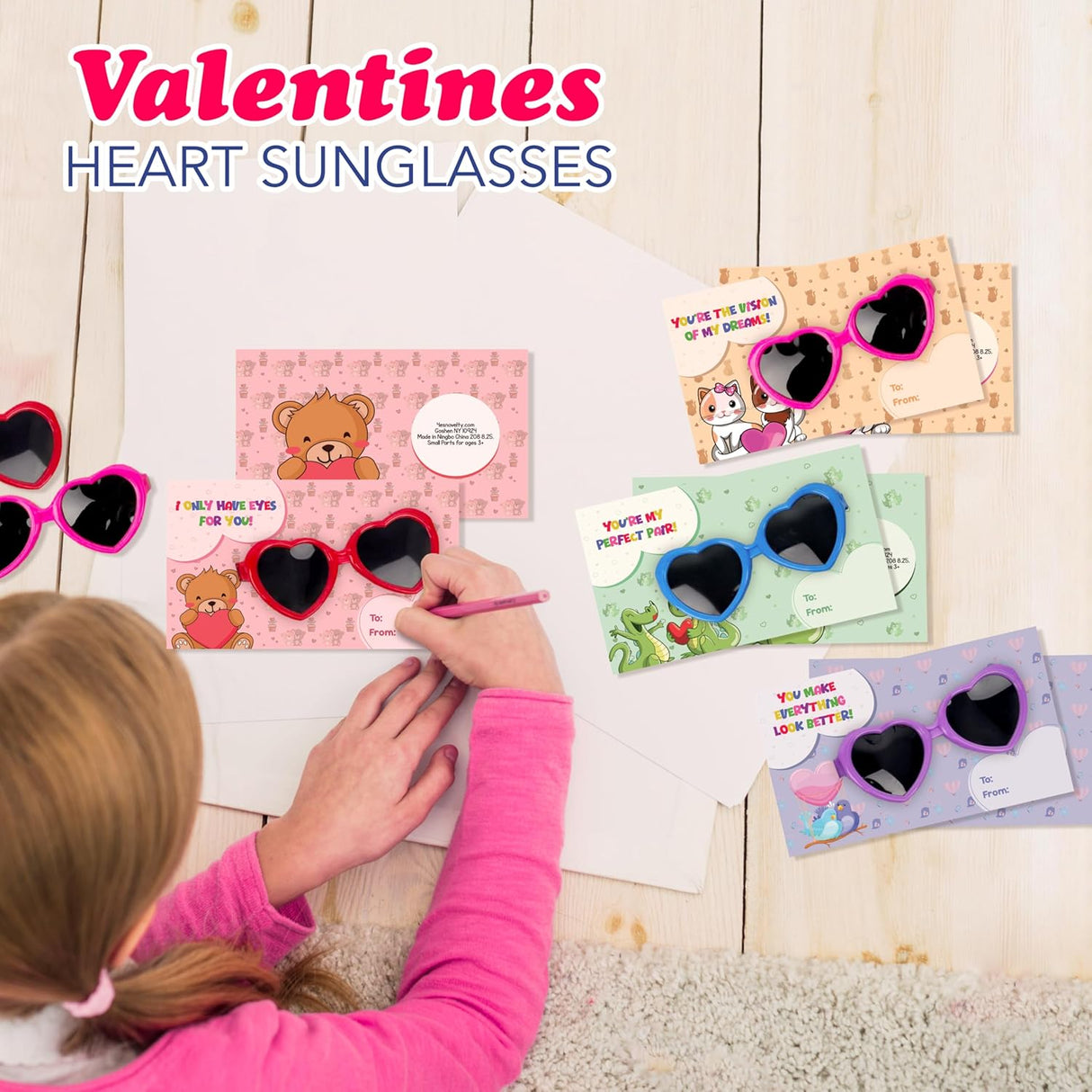 4E's Novelty 32 Pack Valentines Day Heart Glasses for Kids - Bulk With Cards
