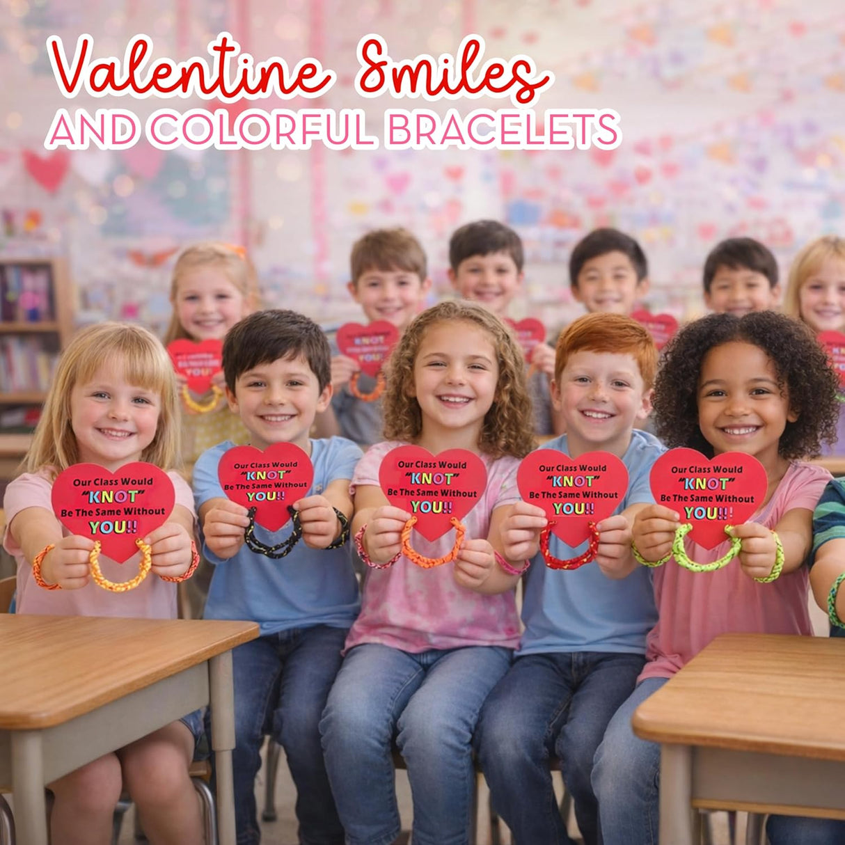 4E's Novelty 48-Pack Friendship Bracelets with Valentine Cards – Classroom Party Favors for Kids