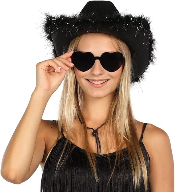 Feathered Cowboy Hat & Heart Sunglasses for Women