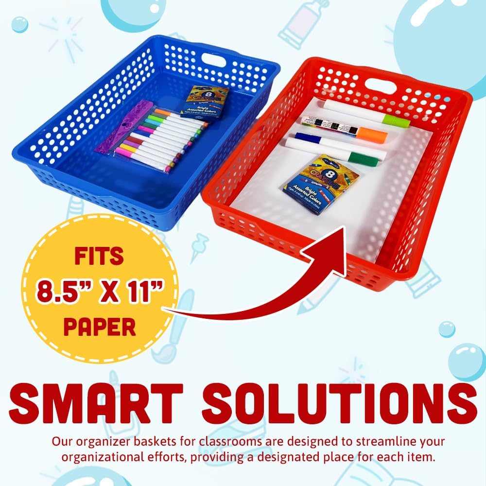 4E's Novelty Colorful Plastic Classroom Storage Bins - 13.75" x 10.25" for Organizing Papers, Pencils, Arts & Crafts, Rainbow Containers
