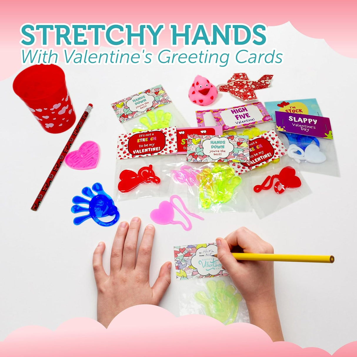 4E's Novelty 32-Pack Slappy Hands with Valentine Cards – Stretchy Toys for Classroom Fun