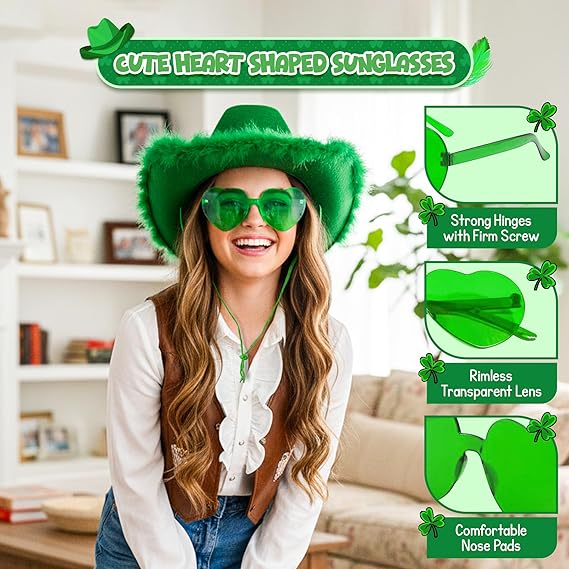 4E’s Novelty Green Cowboy Hat with Feathers & Heart-Shaped Sunglasses - Perfect Cowboy Outfit Accessory, Cowboy Hat for Party Costume Dress Up