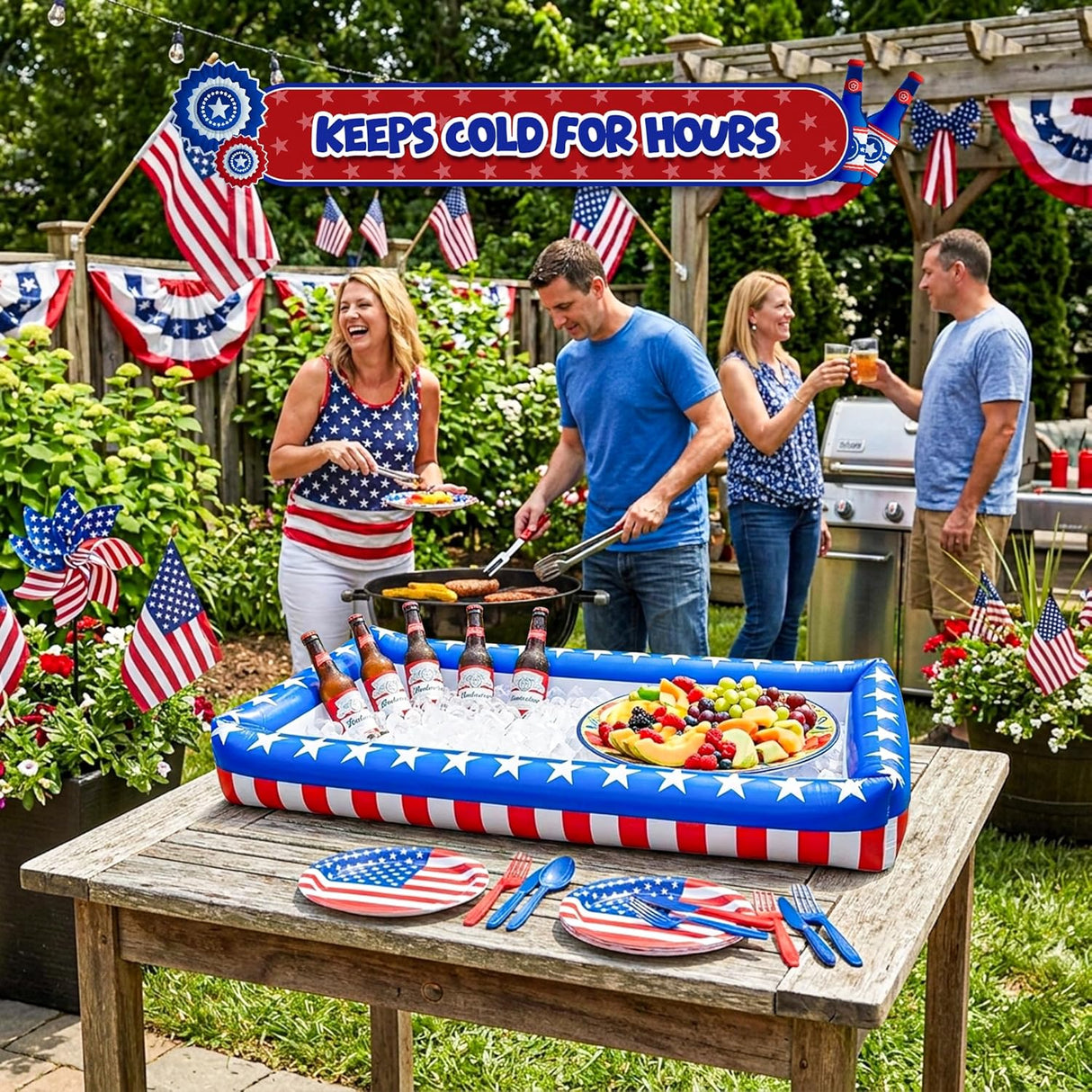 4E's Novelty Patriotic Inflatable Serving Bar – 4th of July Ice Tray for Food Buffet Table Cooler