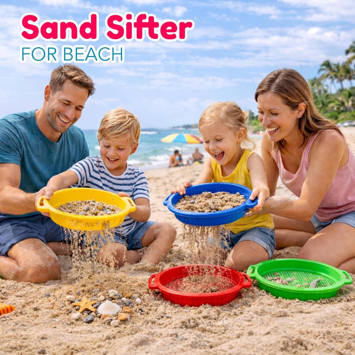 4E's Novelty 4 Pack Sand Sifter – 8.75" Sandbox Toys for Kids, Durable Beach Rock Strainers