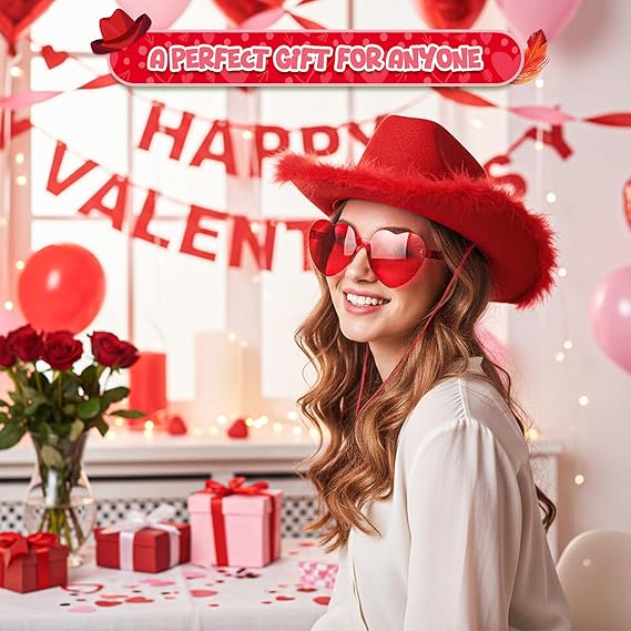 4E's Novelty Cowgirl Hat with Feathers & Heart Sunglasses - Felt, Women's Costume