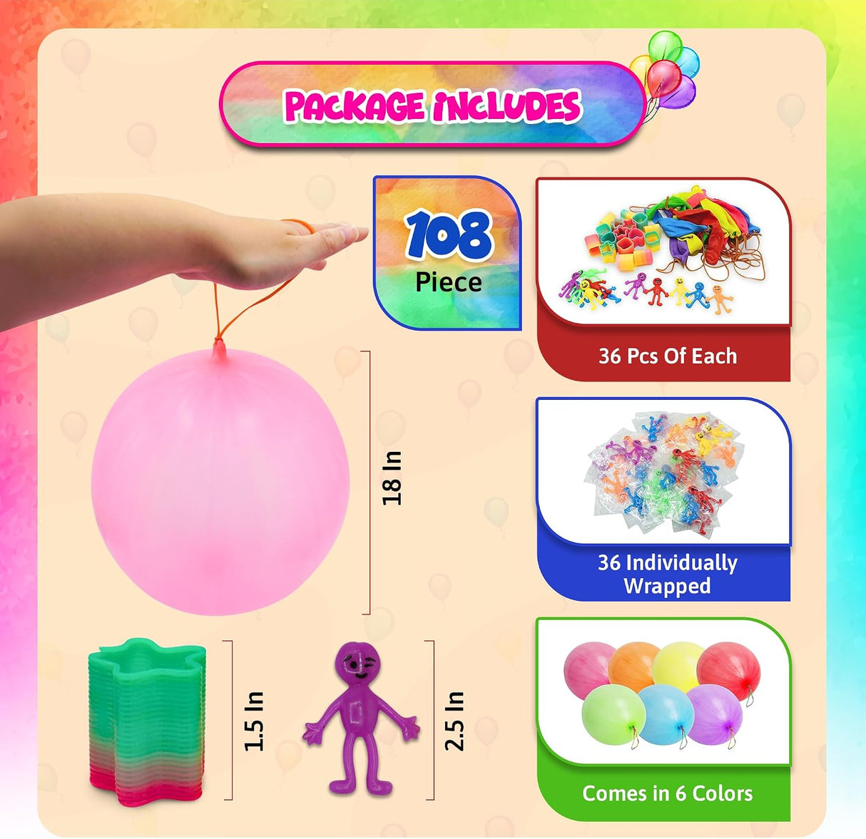 4E’s Novelty 108 Pcs Party Favors for Kids 8-12 – Punch Balloons, Coil Springs, Stretchy Men, Bulk Set