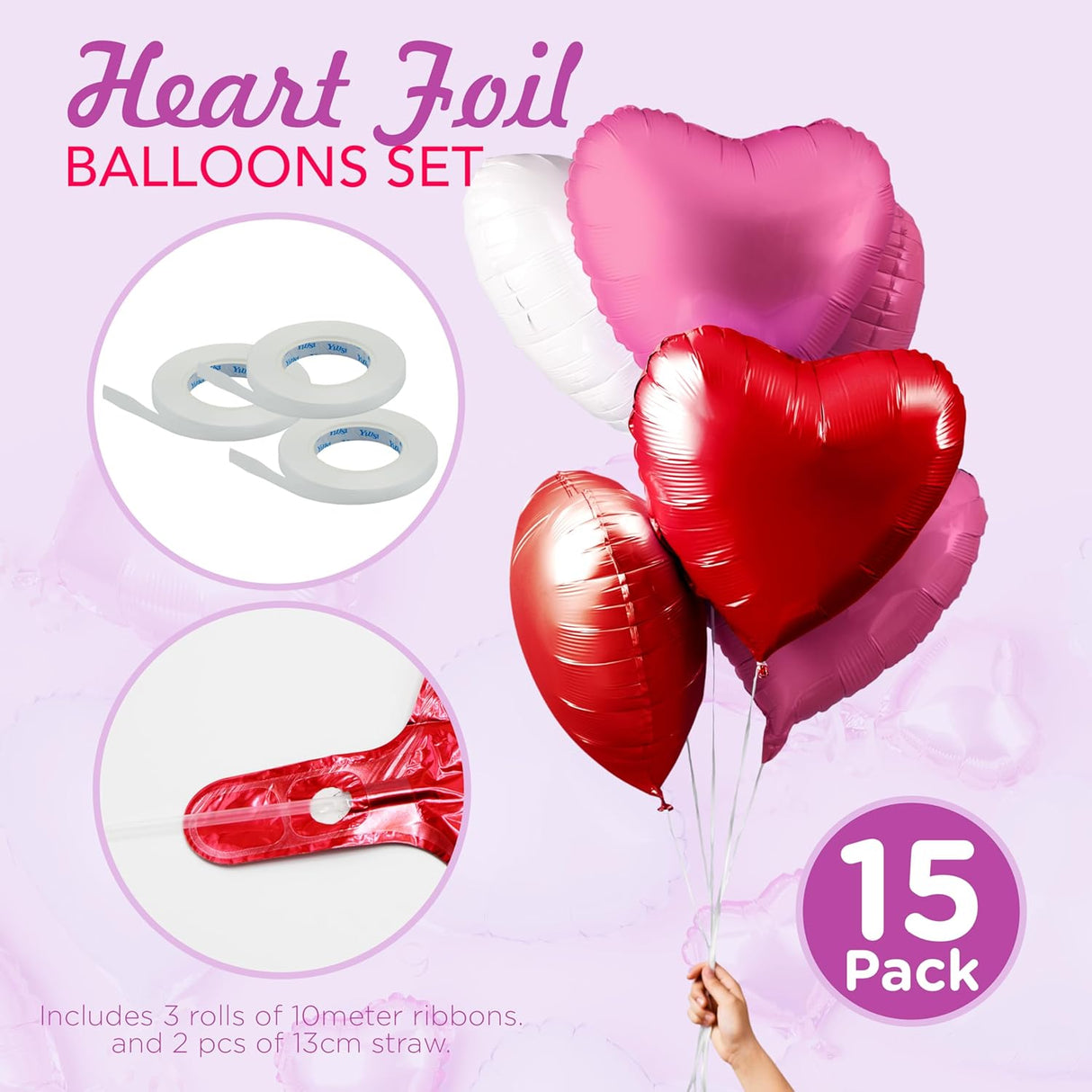 4E's Novelty 15-Pack 18” Heart Foil Balloons – Red, Pink, White Balloons for Parties & Weddings
