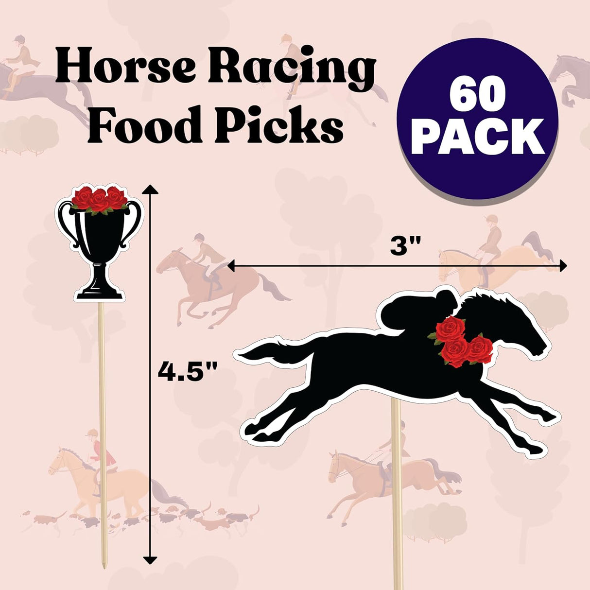 4E's Novelty Horse Racing Derby Toppers Picks 60 Pack – Kentucky Derby Party Toothpicks for Cupcakes, Appetizers & Western Decorations