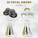 4E's Novelty New Year’s Eve Party Supplies 2025 Kit for 10 – 5 Black Top Hats, 5 Glitter Tiaras, 5 Party Horns & 5 Fringe Noise Makers – Gold & Silver NYE Accessories for Countdown Party & Photo Props