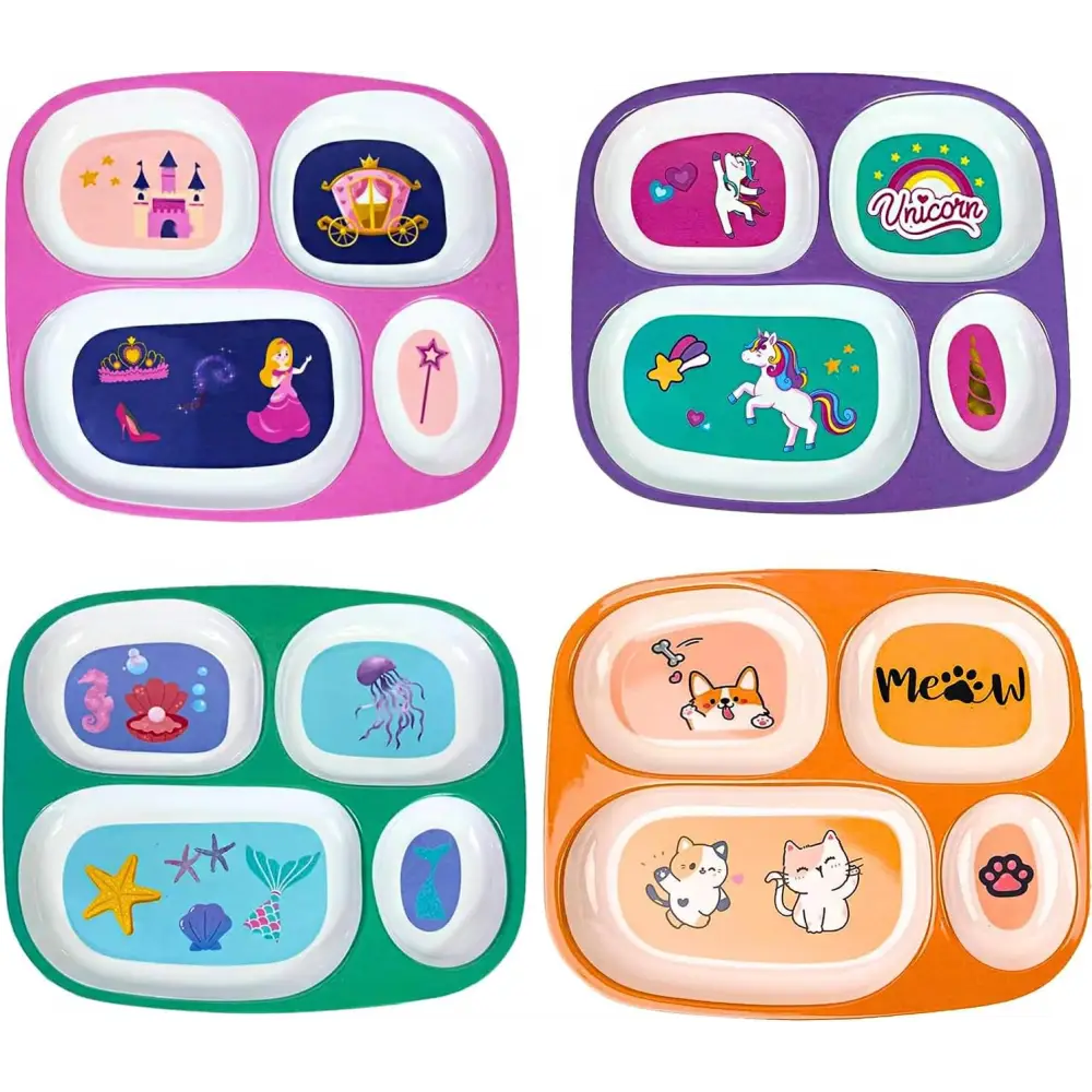 4E's Novelty Melamine Dinner Plate for Kids Girls & Boys, Set of 4 Plastic Divided Plates, Dinnerware Plates For Picky Eaters, BPA Free Dishwasher Safe (Girls)