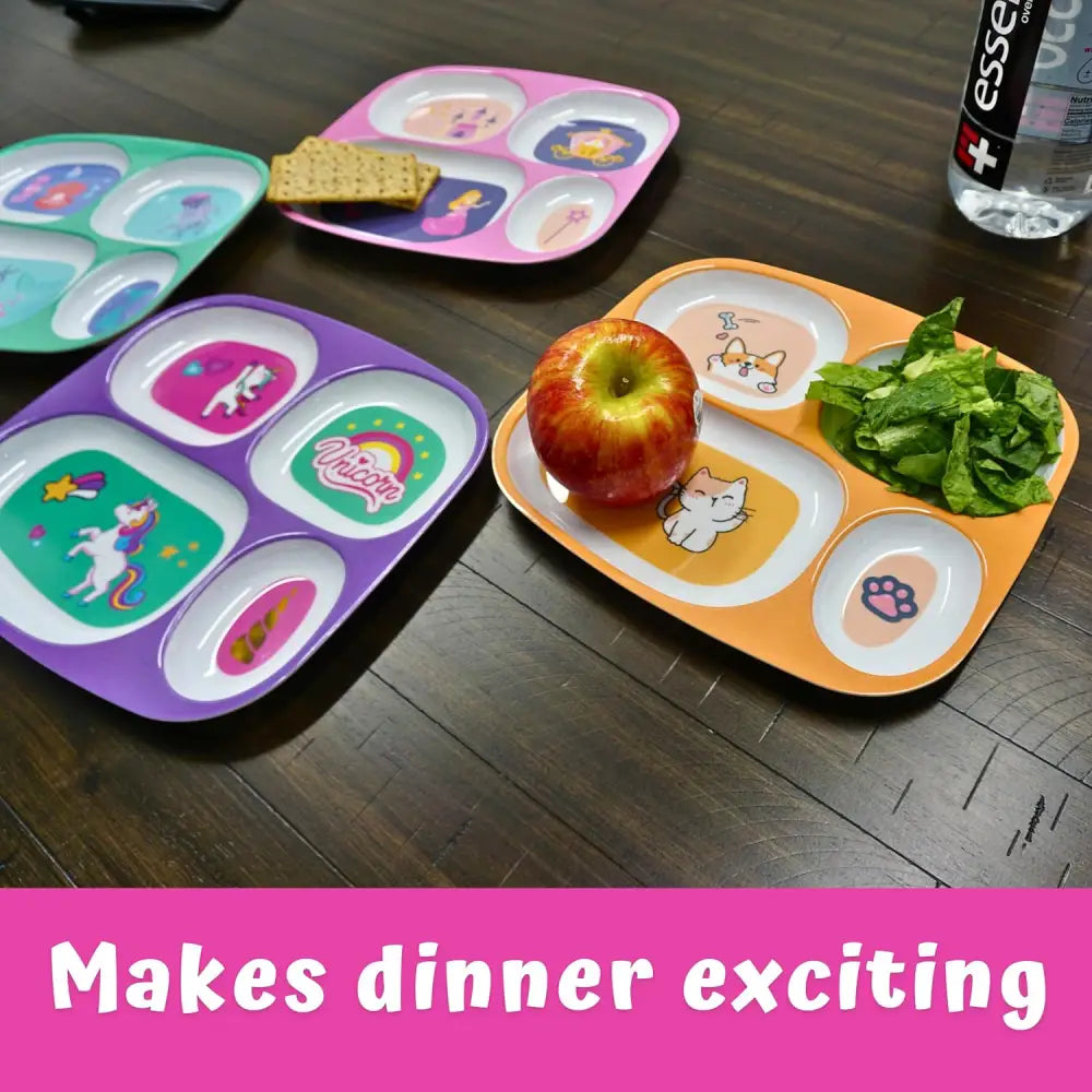 4E's Novelty Melamine Dinner Plate for Kids Girls & Boys, Set of 4 Plastic Divided Plates, Dinnerware Plates For Picky Eaters, BPA Free Dishwasher Safe (Girls)