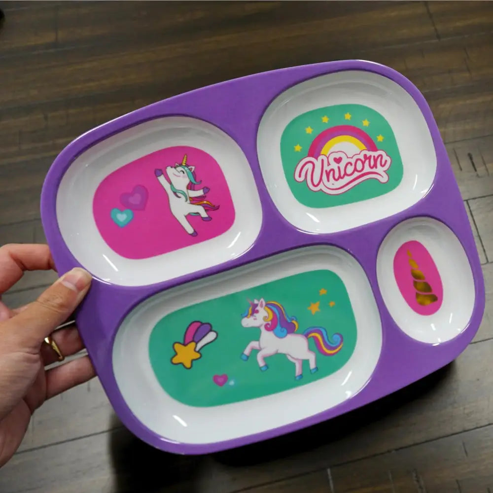 4E's Novelty Melamine Dinner Plate for Kids Girls & Boys, Set of 4 Plastic Divided Plates, Dinnerware Plates For Picky Eaters, BPA Free Dishwasher Safe (Girls)