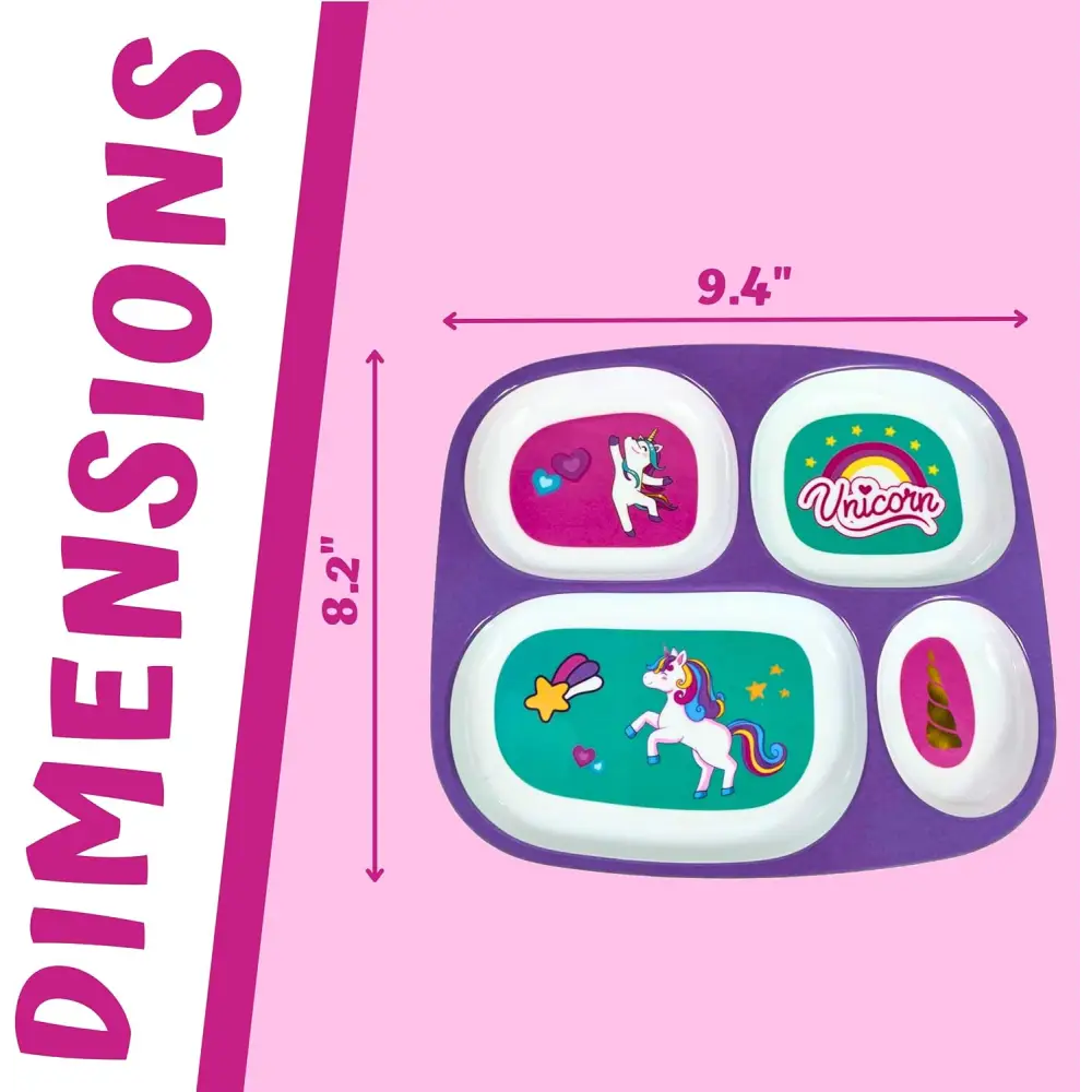 4E's Novelty Melamine Dinner Plate for Kids Girls & Boys, Set of 4 Plastic Divided Plates, Dinnerware Plates For Picky Eaters, BPA Free Dishwasher Safe (Girls)