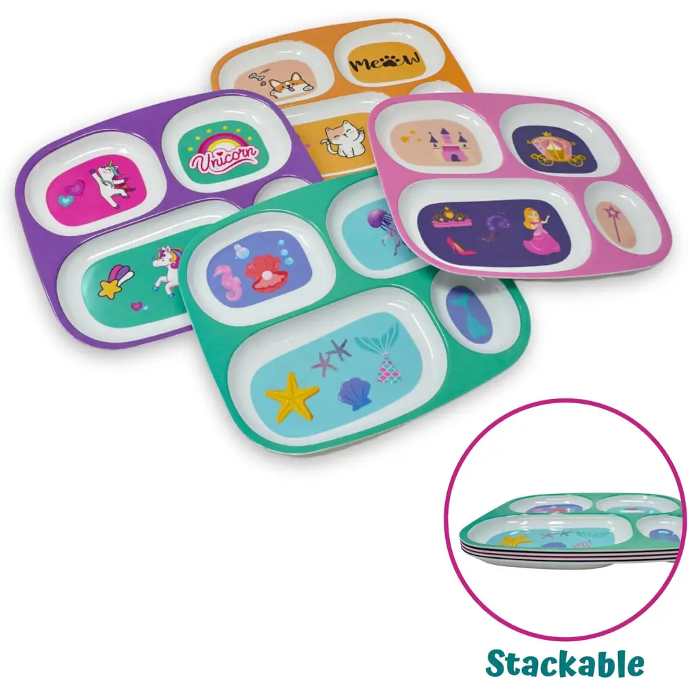 4E's Novelty Melamine Dinner Plate for Kids Girls & Boys, Set of 4 Plastic Divided Plates, Dinnerware Plates For Picky Eaters, BPA Free Dishwasher Safe (Girls)