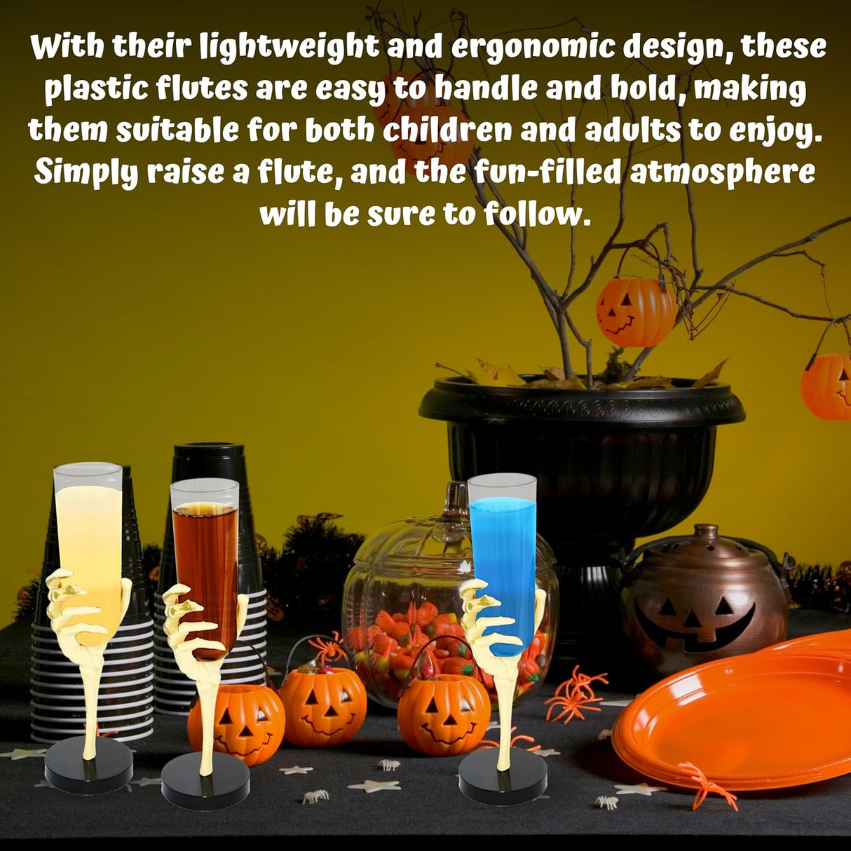 4E's Novelty Skeleton Hand Flutes 12 Pack - Clear Plastic Halloween Champagne Cocktail Goblets (2.7oz) - Halloween Wine Glasses for Spooky Parties