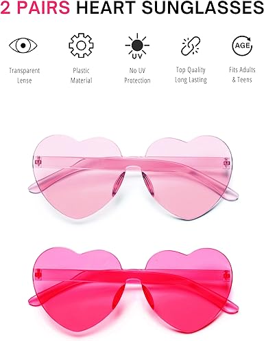 4E's Novelty Heart Sunglasses 2-Pack – Hot Pink Glasses for Parties, Festivals & Valentine Costumes