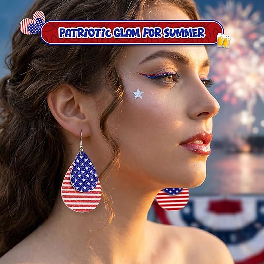 4E's Novelty 4th of July Earrings for Women , Red White Blue Faux Leather Dangle