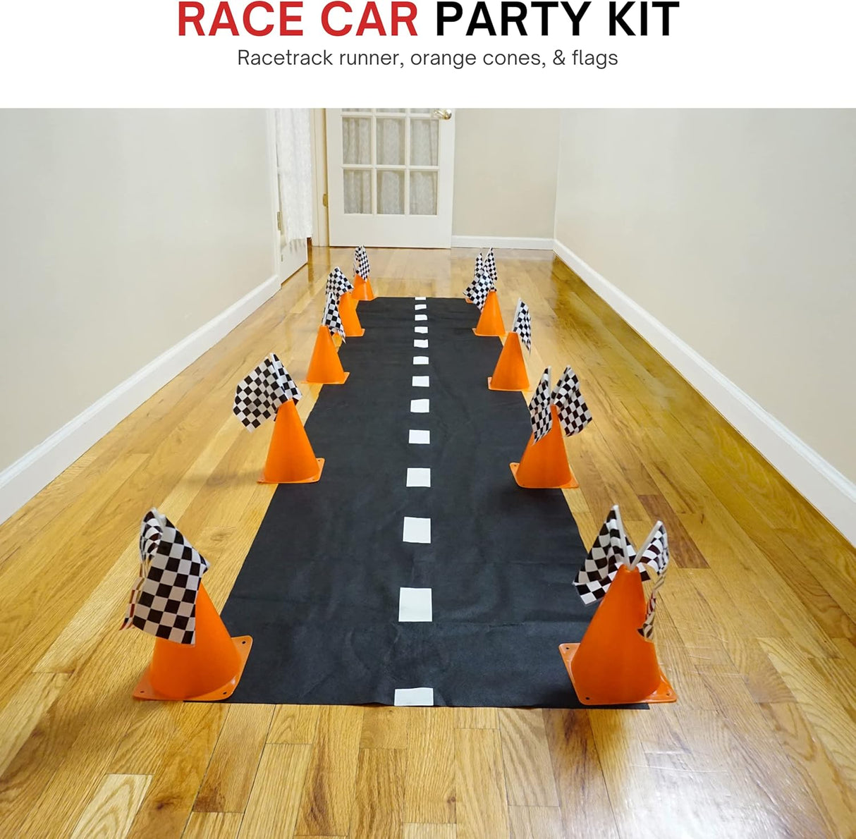 4E's Novelty 38 Pieces Set - 12 Traffic Cones With Hole on Top, 24 Checkered Flags, Racetrack Floor Runner - for For Race Car Birthday Party Supplies, Table Centerpiece Decorations Kids Gift