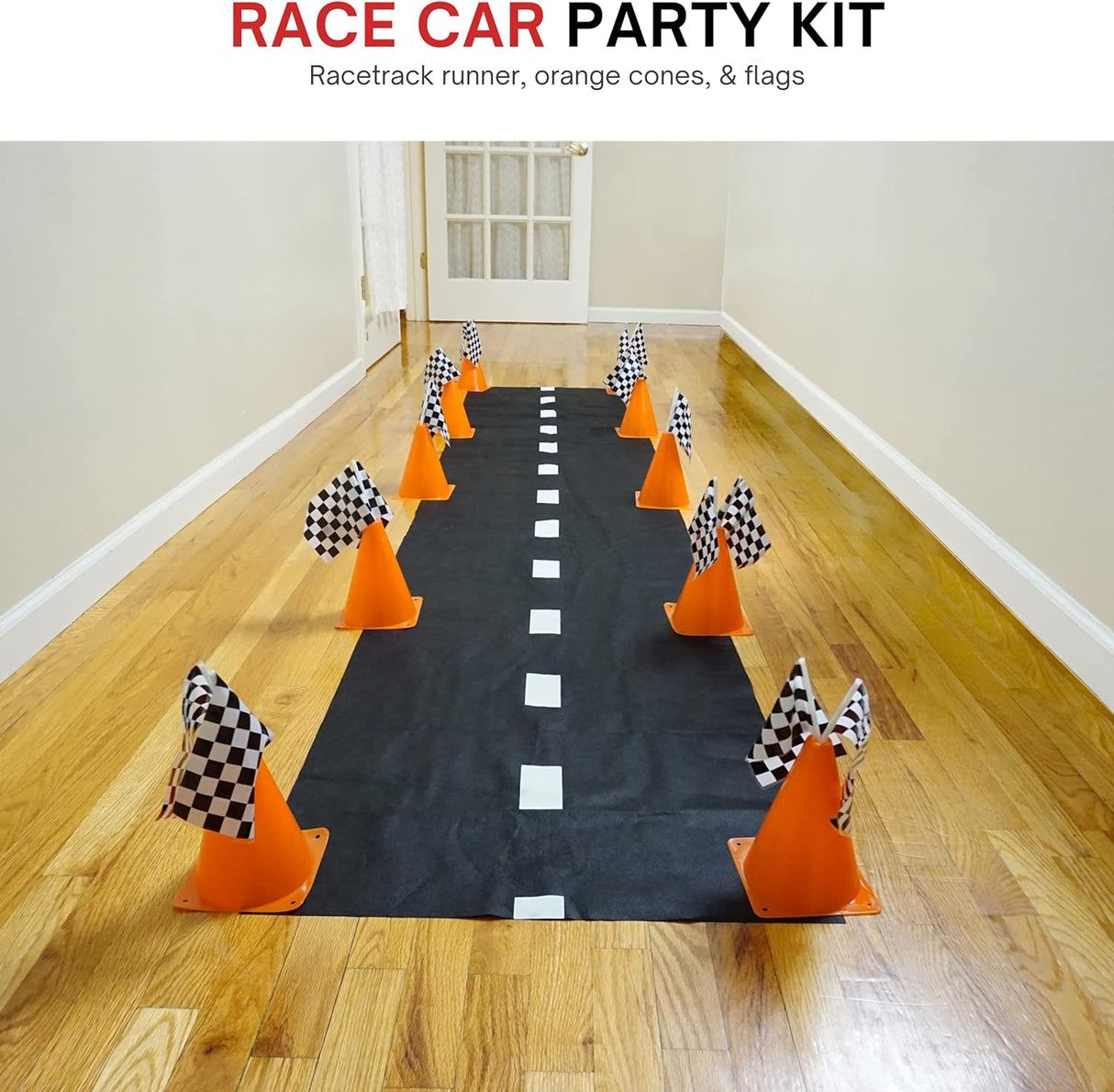 38 Pcs Set Includes 12 Traffic Cones, 24 Checkered Flags, and Racetrack Floor Runner for Birthday Party and Racing Theme Decoration by 4E's Novelty