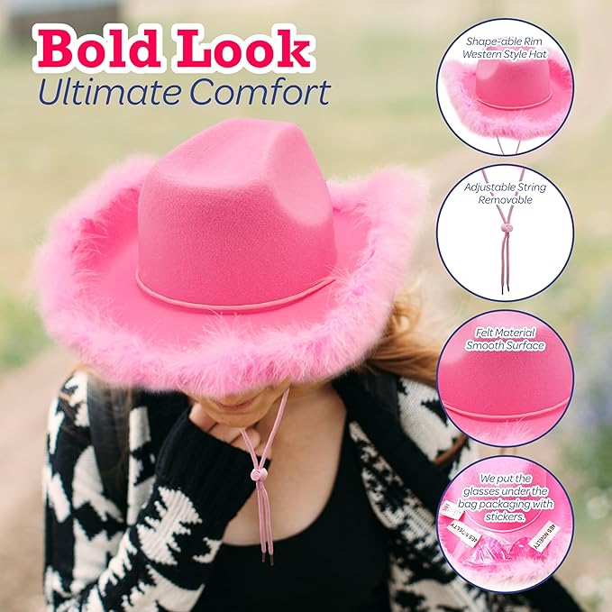 4E's Novelty Pink Cowgirl Hat with Feathers & Heart Sunglasses for Women