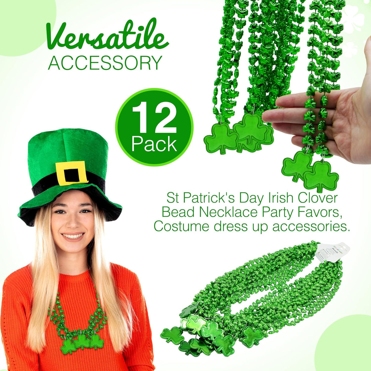 4E's Novelty 12 Pack St Patricks Day Shamrock Beads Necklace Green