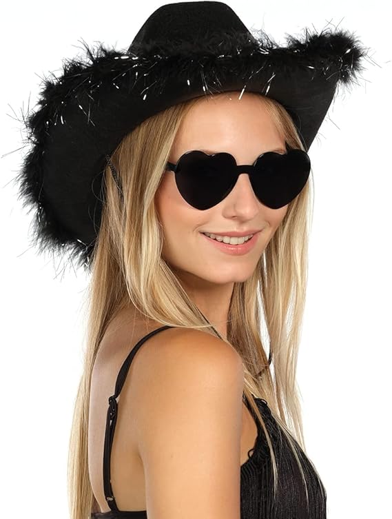 Feathered Cowboy Hat & Heart Sunglasses for Women