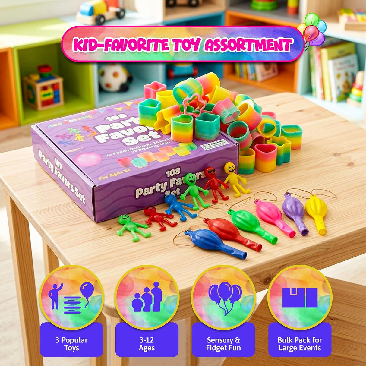 4E’s Novelty 108 Pcs Party Favors for Kids 8-12 – Punch Balloons, Coil Springs, Stretchy Men, Bulk Set