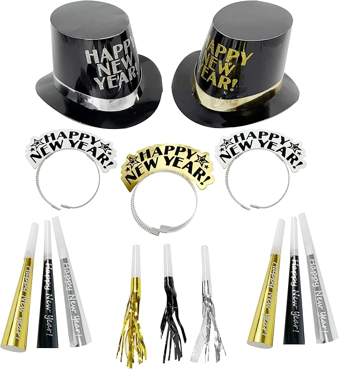4E's Novelty New Year’s Eve Party Supplies 2025 Kit for 10 – 5 Black Top Hats, 5 Glitter Tiaras, 5 Party Horns & 5 Fringe Noise Makers – Gold & Silver NYE Accessories for Countdown Party & Photo Props