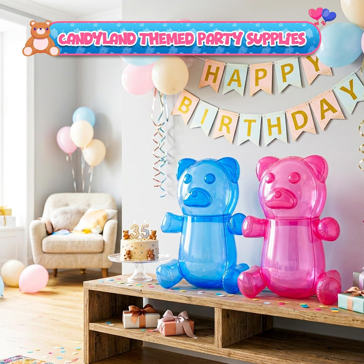 2 Inflatable 24" Gummy Bears - Candyland Party Decorations, Birthday Pool Floaties