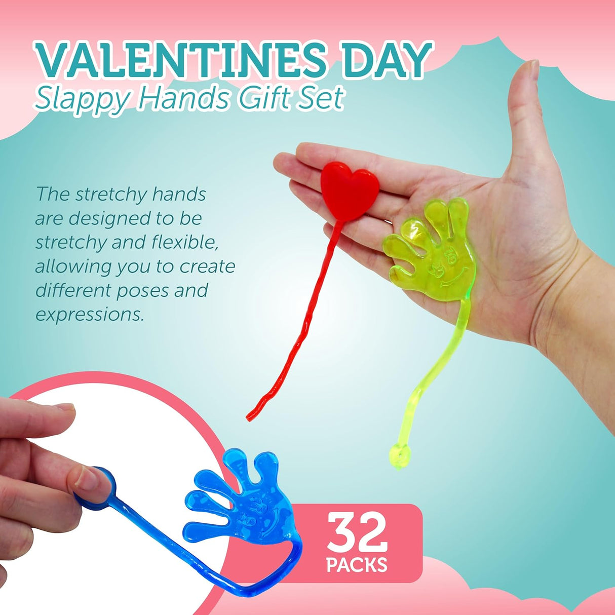 4E's Novelty 32-Pack Slappy Hands with Valentine Cards – Stretchy Toys for Classroom Fun