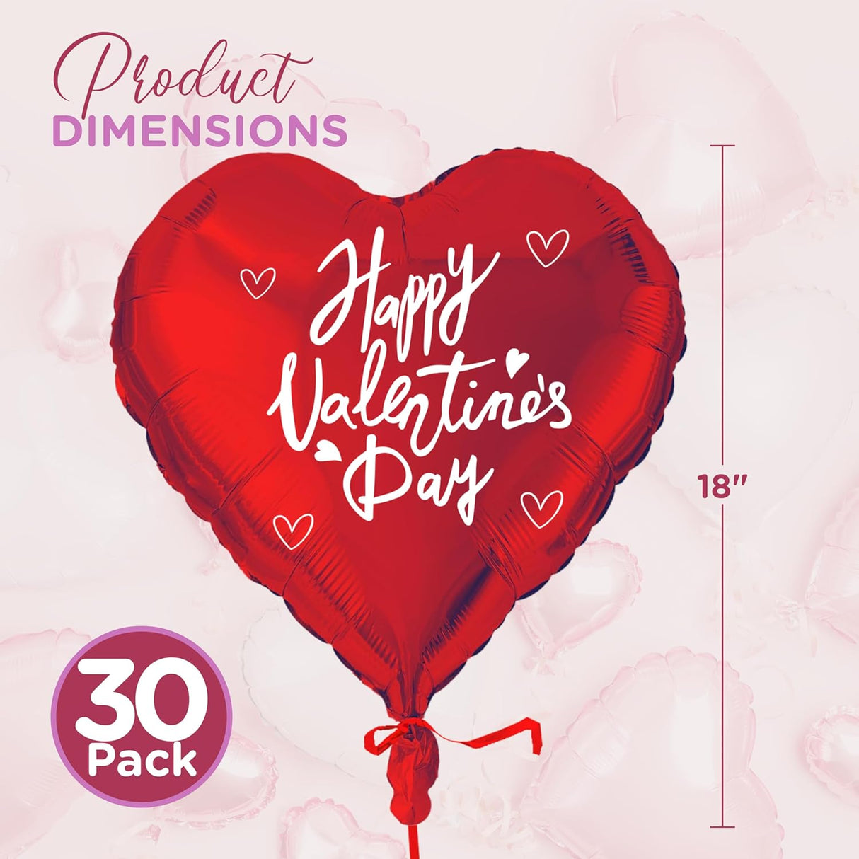 4E's Novelty 30-Pack 18” Heart Balloons – Bulk Red Foil Balloons for Valentine’s & Event Decor