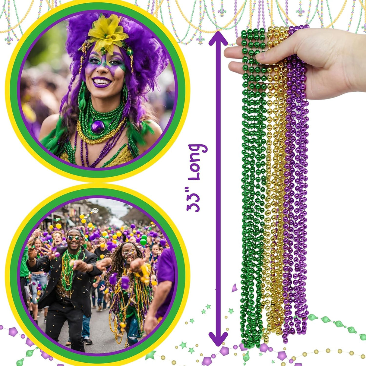 4E's Novelty Bulk 72 Mardi Gras Bead Necklaces – 33" Long, 7mm Thick Party Favors
