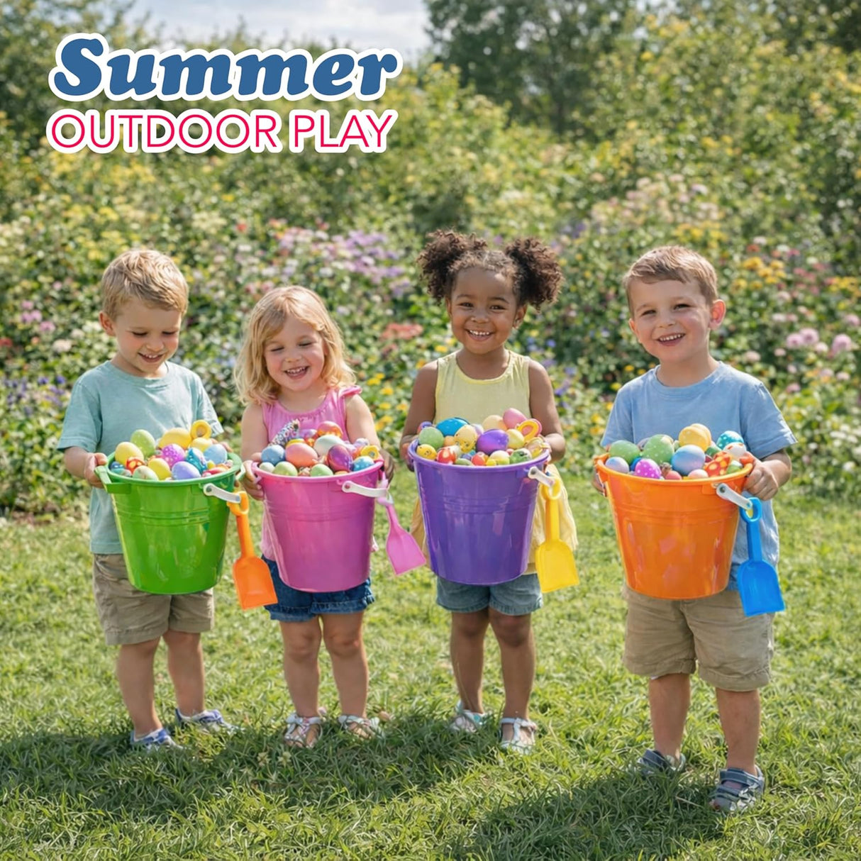 4E's Novelty 12 Pack Large Sand Bucket with Shovel – Beach Toys for Kids, Vacation Essentials